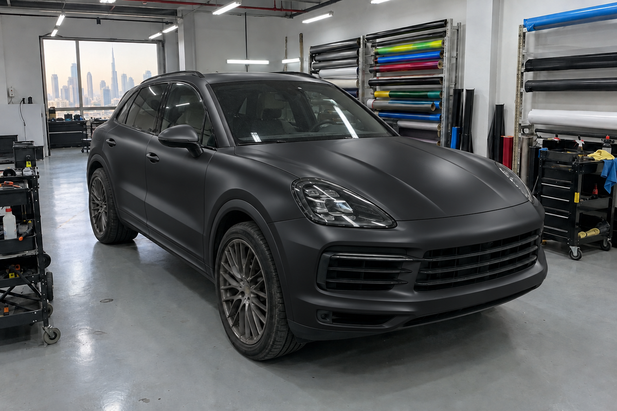 Porsche Cayenne in a satin black vinyl wrap