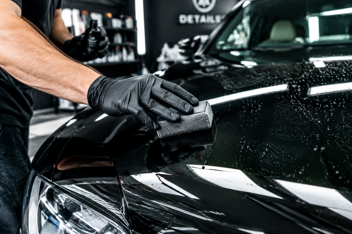 Detailer applying ceramic coating to a glossy black car hood