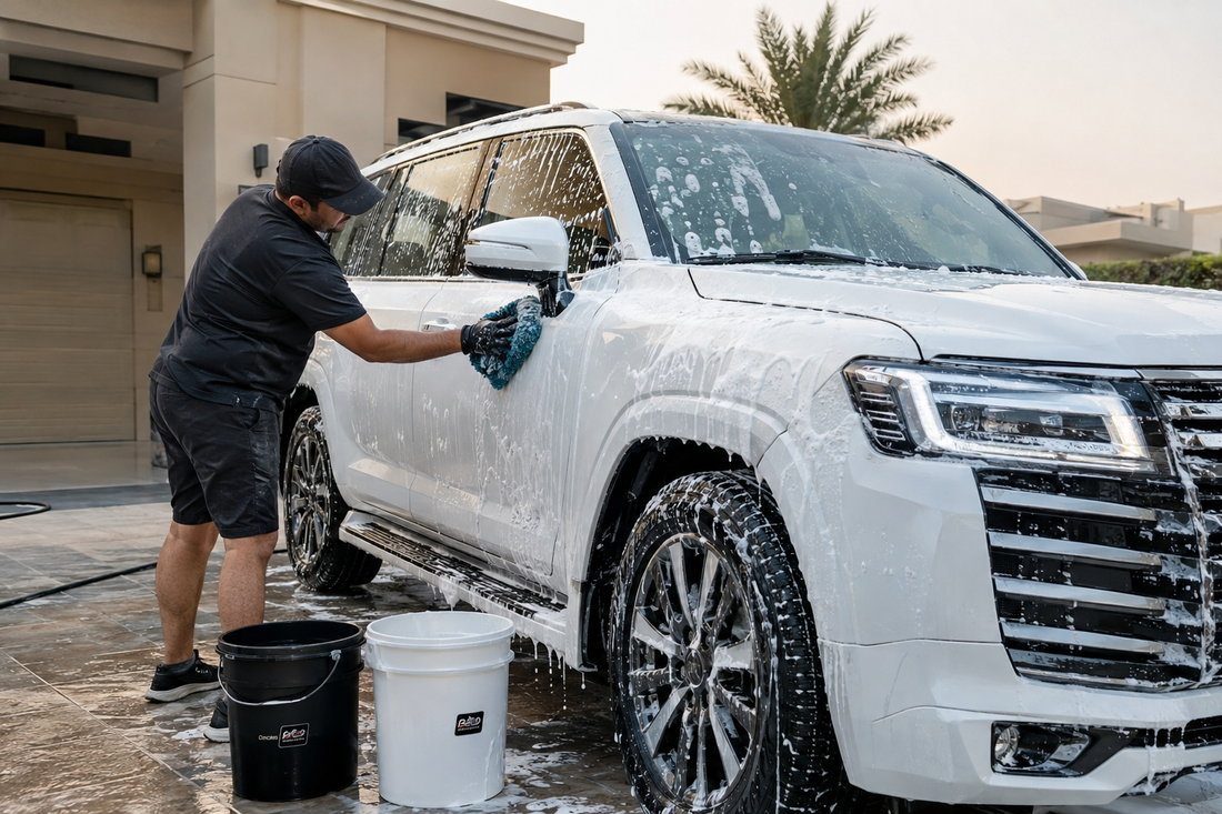 Person hand washing a white SUV with foam in a home driveway