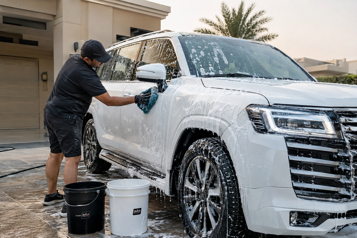 Person hand washing a white SUV with foam in a home driveway