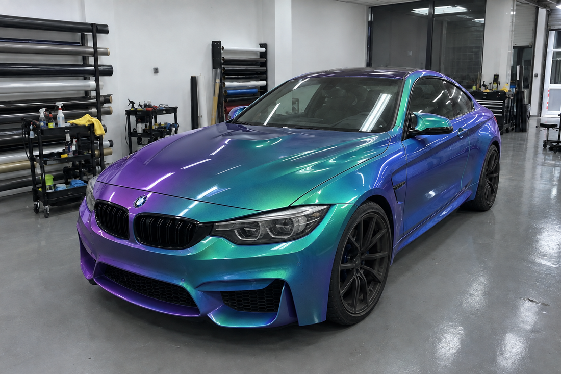 BMW M4 in chameleon colour-shift PPF, purple to teal