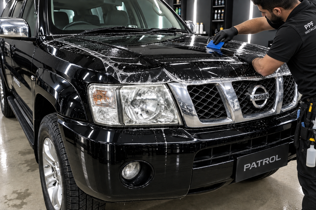 Installer applying paint protection film to a black Nissan Patrol