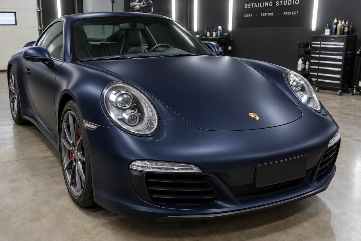 Dark blue Porsche 911 with satin matte PPF finish