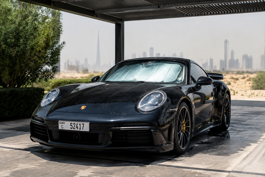 Glossy sports car parked in the shade to protect it from UAE summer heat
